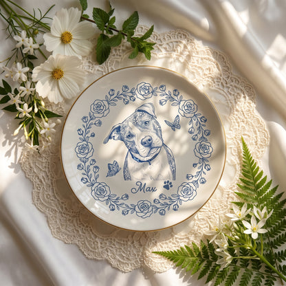 Custom Pet Portrait Jewelry Dish, Toile De Jouy Pet Ring Dish, Dog Cat Ceramic Trinket Tray Gift For Pet Lover