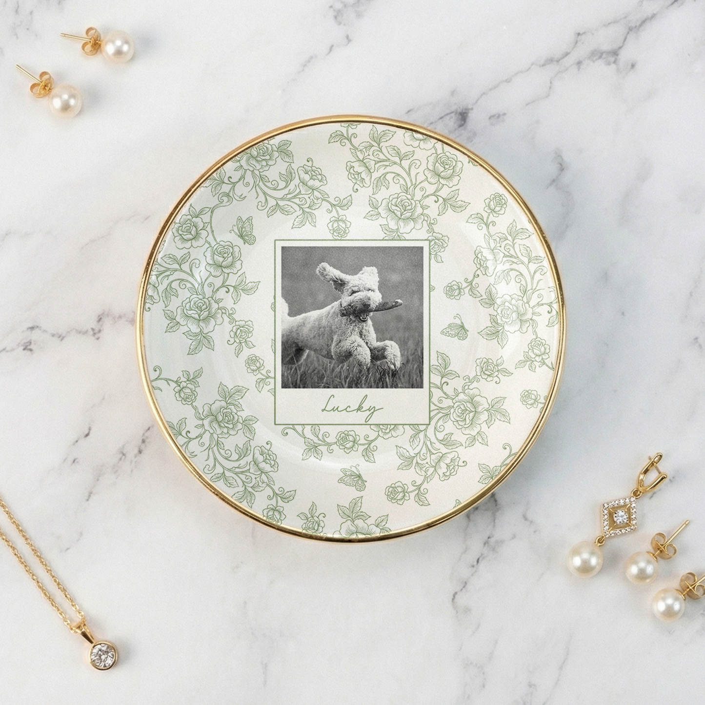 Custom Pet Portrait Jewelry Dish, Toile De Jouy Pet Ring Dish, Dog Cat Trinket Dish, Pet Lover Gift