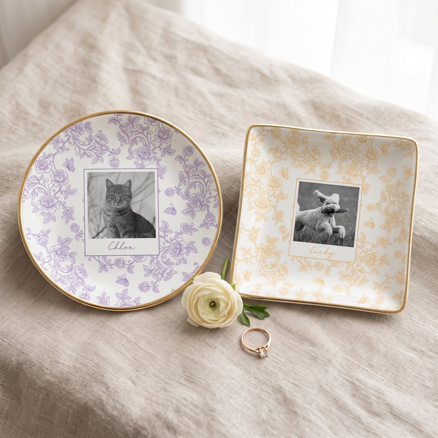 Custom Pet Portrait Jewelry Dish, Toile De Jouy Pet Ring Dish, Dog Cat Trinket Dish, Pet Lover Gift