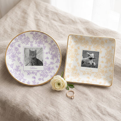 Custom Pet Portrait Jewelry Dish, Toile De Jouy Pet Ring Dish, Dog Cat Trinket Dish, Pet Lover Gift