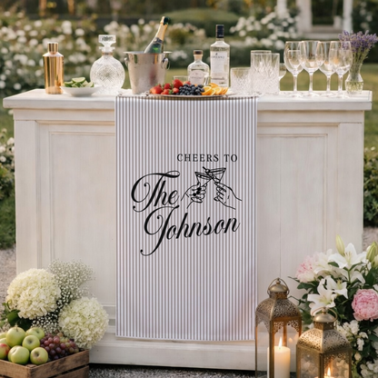Personalized Wedding Table Runner Cocktail Bar Decor Custom Name Linen Stripe Cheers Sign Wedding Reception Decor