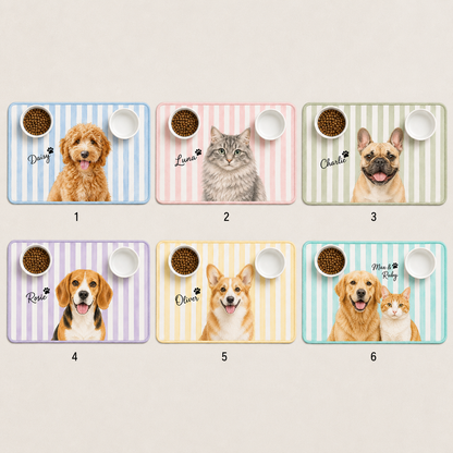 Personalized Pet Food Mat, Cat Feeding Station With Custom Portrait, Non Slip Waterproof, Pet Lover Gift