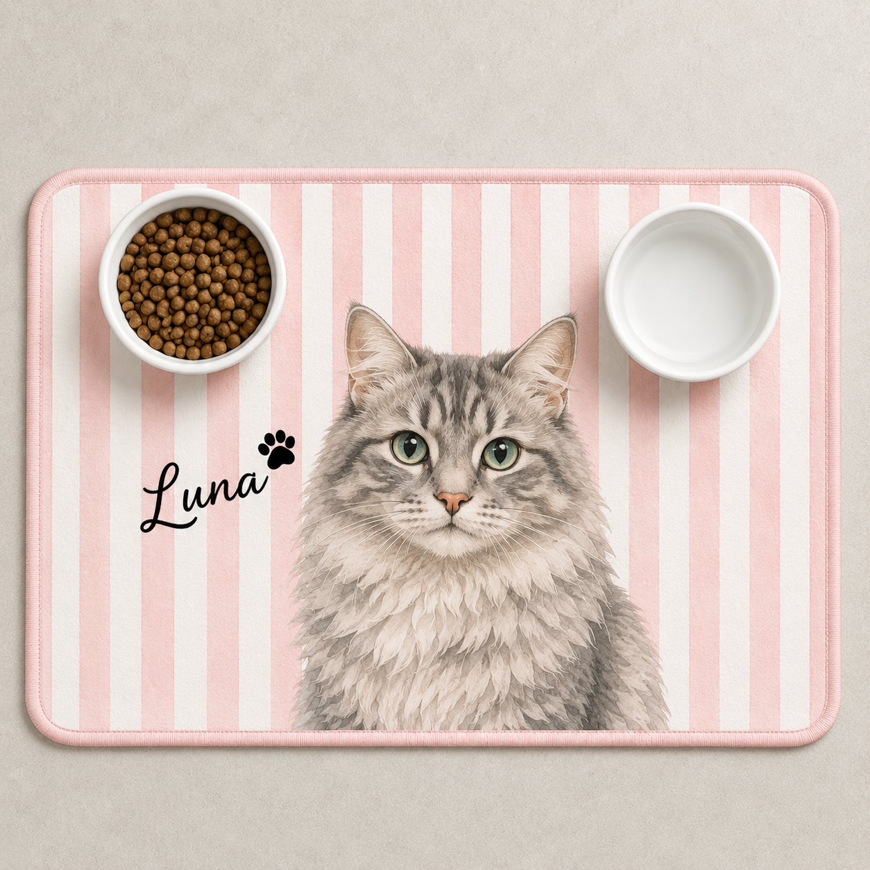 Personalized Pet Food Mat, Cat Feeding Station With Custom Portrait, Non Slip Waterproof, Pet Lover Gift
