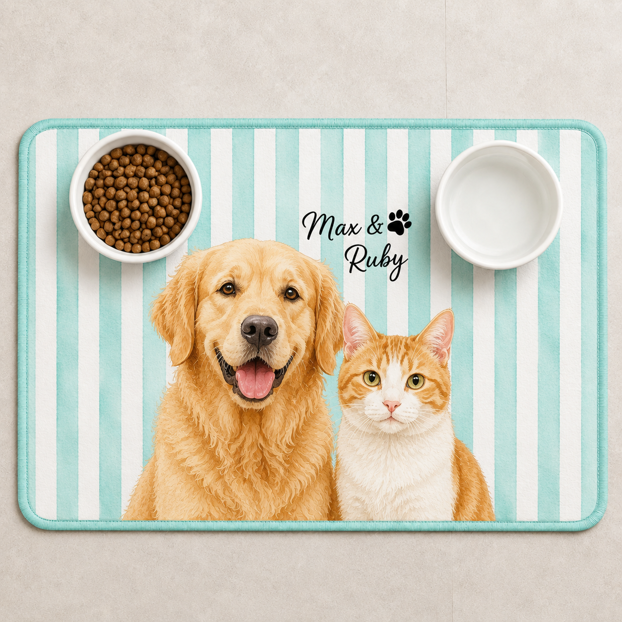 Personalized Pet Food Mat, Cat Feeding Station With Custom Portrait, Non Slip Waterproof, Pet Lover Gift