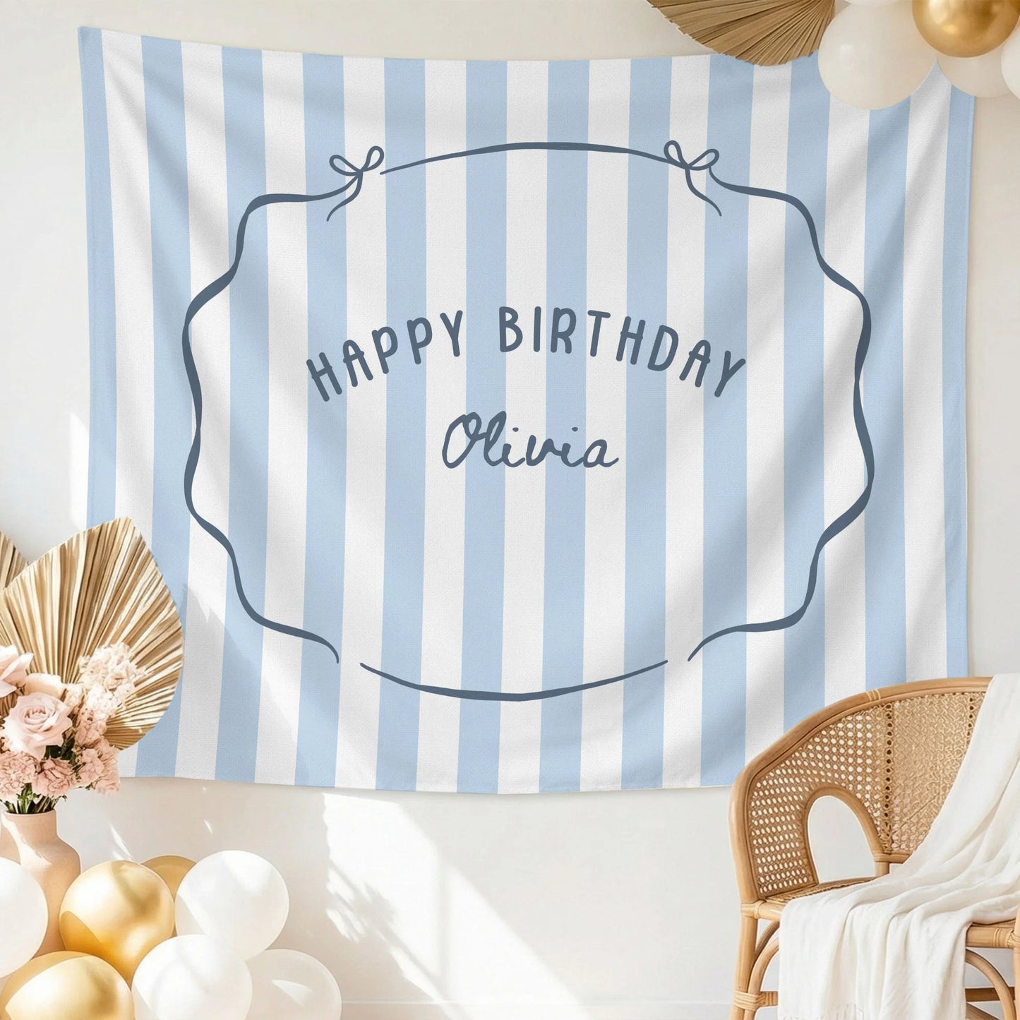 Minimalist Blue Birthday Tapestry Banner Personalized Custom Name Birthday Backdrop Party Decor