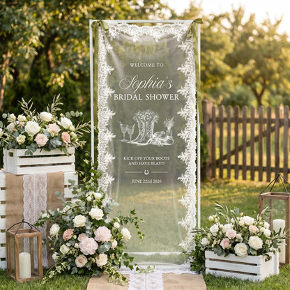 Custom Lace Welcome Sign, Clear Sheer Wedding Signage, Fabric Ceremony Reception Signage Banner, Romantic Sheer Lace Wedding Banner