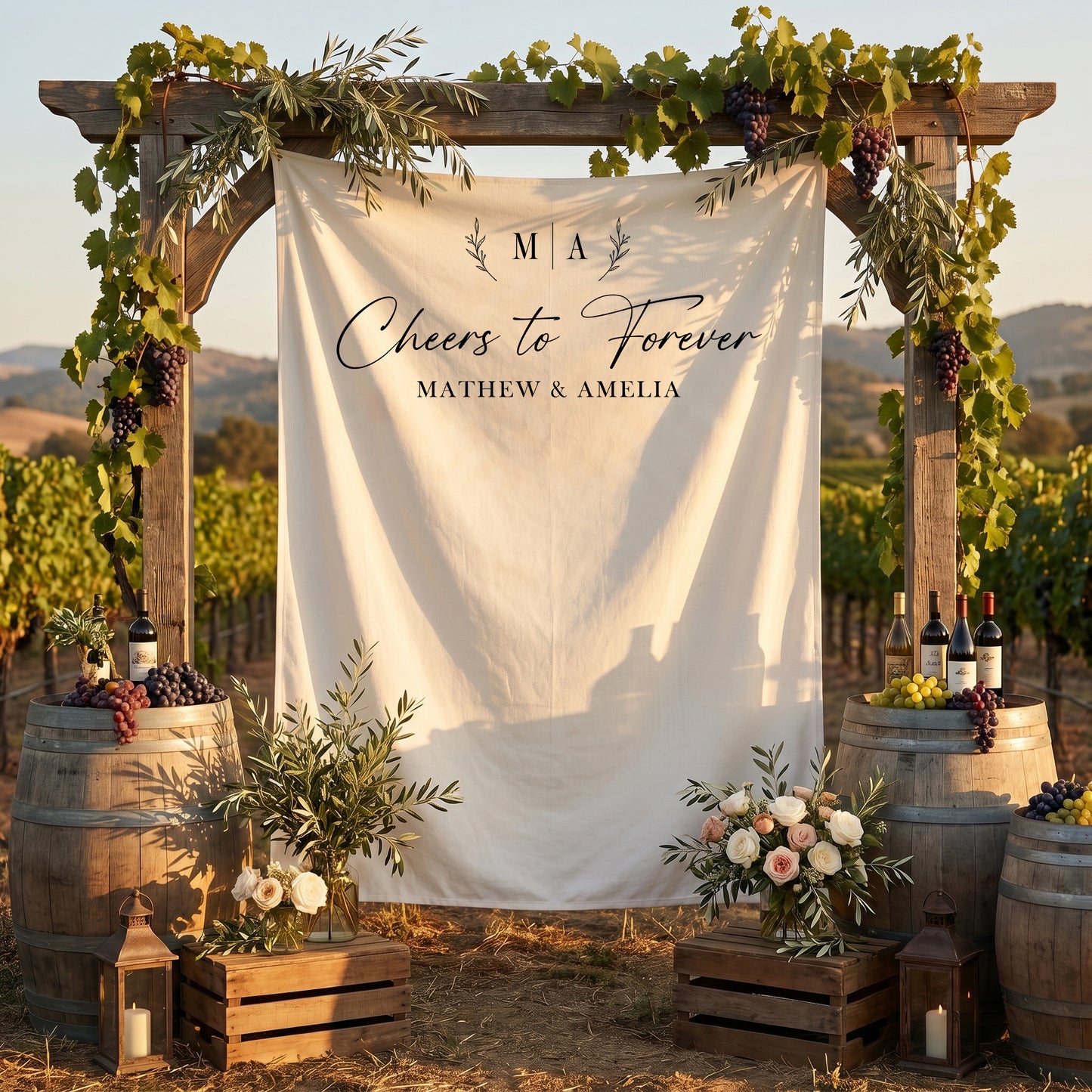 Personalized Wedding Photo Backdrop, Cheers to Forever, Engagement Party Decor