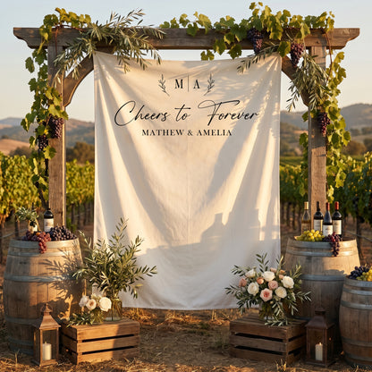 Personalized Wedding Photo Backdrop, Cheers to Forever, Engagement Party Decor