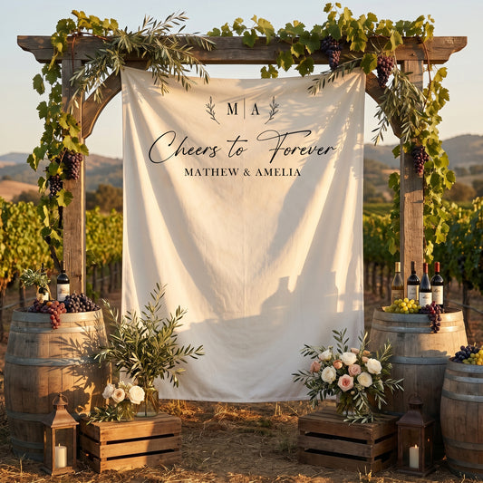 Personalized Wedding Photo Backdrop, Cheers to Forever, Engagement Party Decor