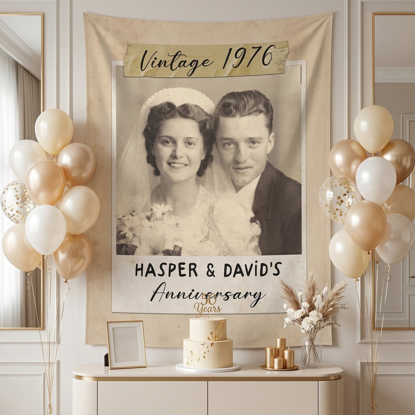 Personalized Linen Welcome Sign With Photo, 10th 20th 30th 50th Anniversary Photo Banner, Golden Celebration
