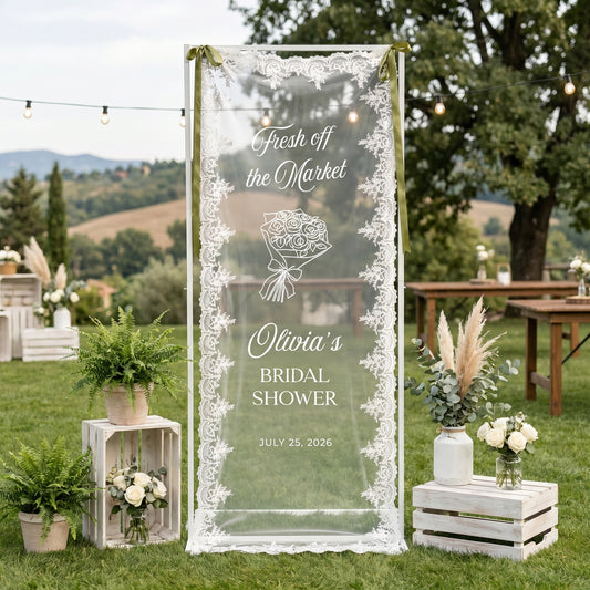 Personalized Lace Bridal Shower Welcome Sign, Sheer Tulle Banner, Wedding Party Decor