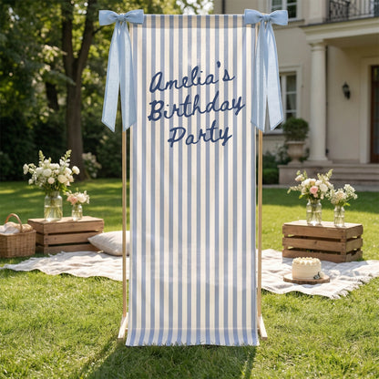 Striped Cotton Linen Birthday Banner, Custom Name Party Backdrop, Striped Fabric Hanging Decor