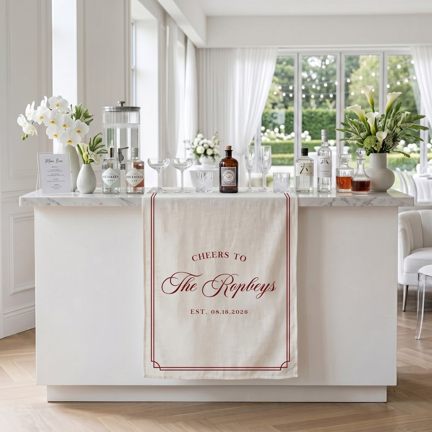 Personalized Wedding Table Runner, Custom Name Linen Bar Decor, Bridal Shower Tea Party Reception Decor