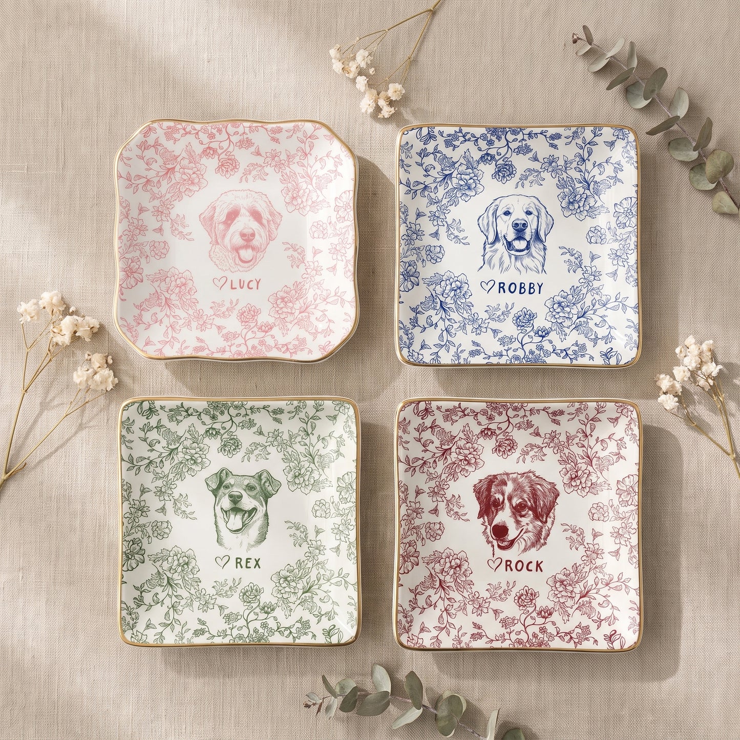 Custom Pet Jewelry Dish, Dog Cat Portrait Ring Dish, Toile De Jouy Pet Ring Dish