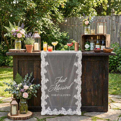 Custom Lace Sheer Wedding Banner, Just Married Lace Wedding Welcome Sign, Engagement Party Sign (Copy)