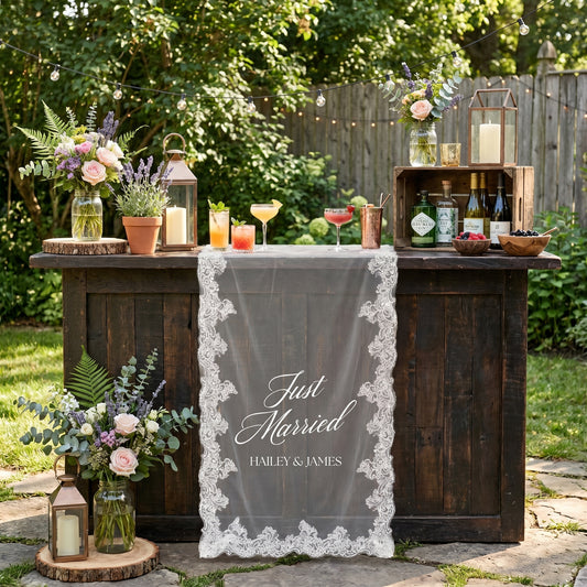 Custom Lace Sheer Wedding Banner, Just Married Lace Wedding Welcome Sign, Engagement Party Sign (Copy)