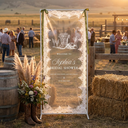 Custom Lace Welcome Sign, Clear Sheer Wedding Signage, Fabric Ceremony Reception Signage Banner, Romantic Sheer Lace Wedding Banner