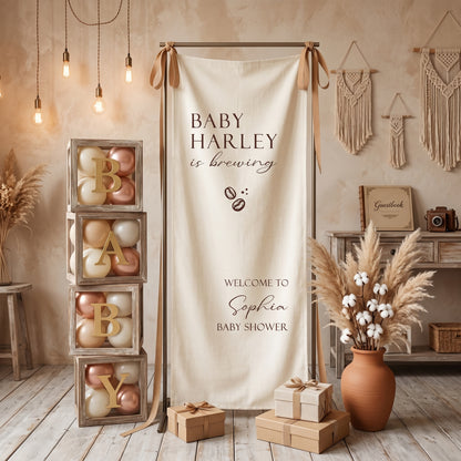 Coffee Themed Baby Shower Banner and Welcome Sign, A Baby Is Brewing, Cotton Linen Fabric Party Decor