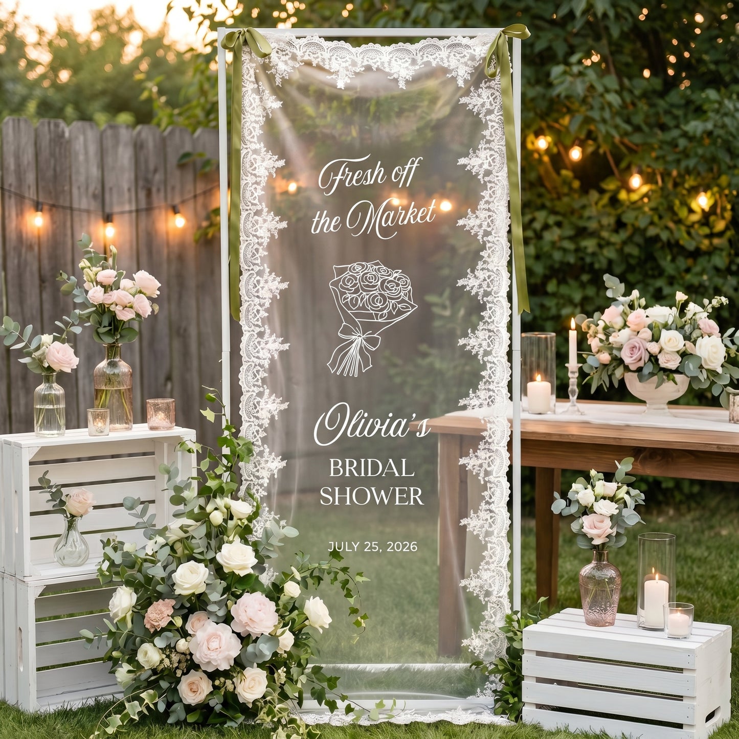Personalized Lace Bridal Shower Welcome Sign, Sheer Tulle Banner, Wedding Party Decor