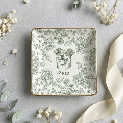 Custom Pet Jewelry Dish, Dog Cat Portrait Ring Dish, Toile De Jouy Pet Ring Dish