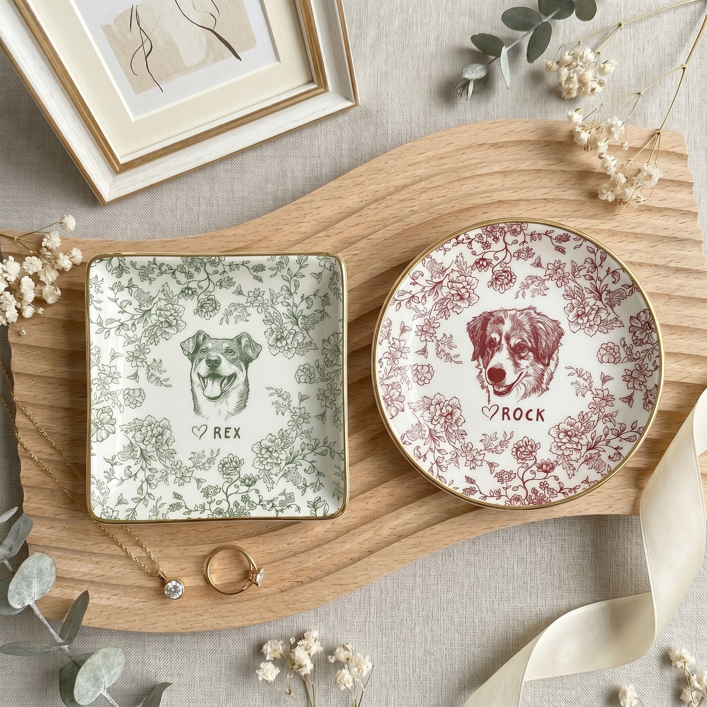 Custom Pet Jewelry Dish, Dog Cat Portrait Ring Dish, Toile De Jouy Pet Ring Dish