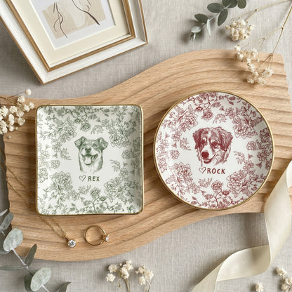 Custom Pet Jewelry Dish, Dog Cat Portrait Ring Dish, Toile De Jouy Pet Ring Dish