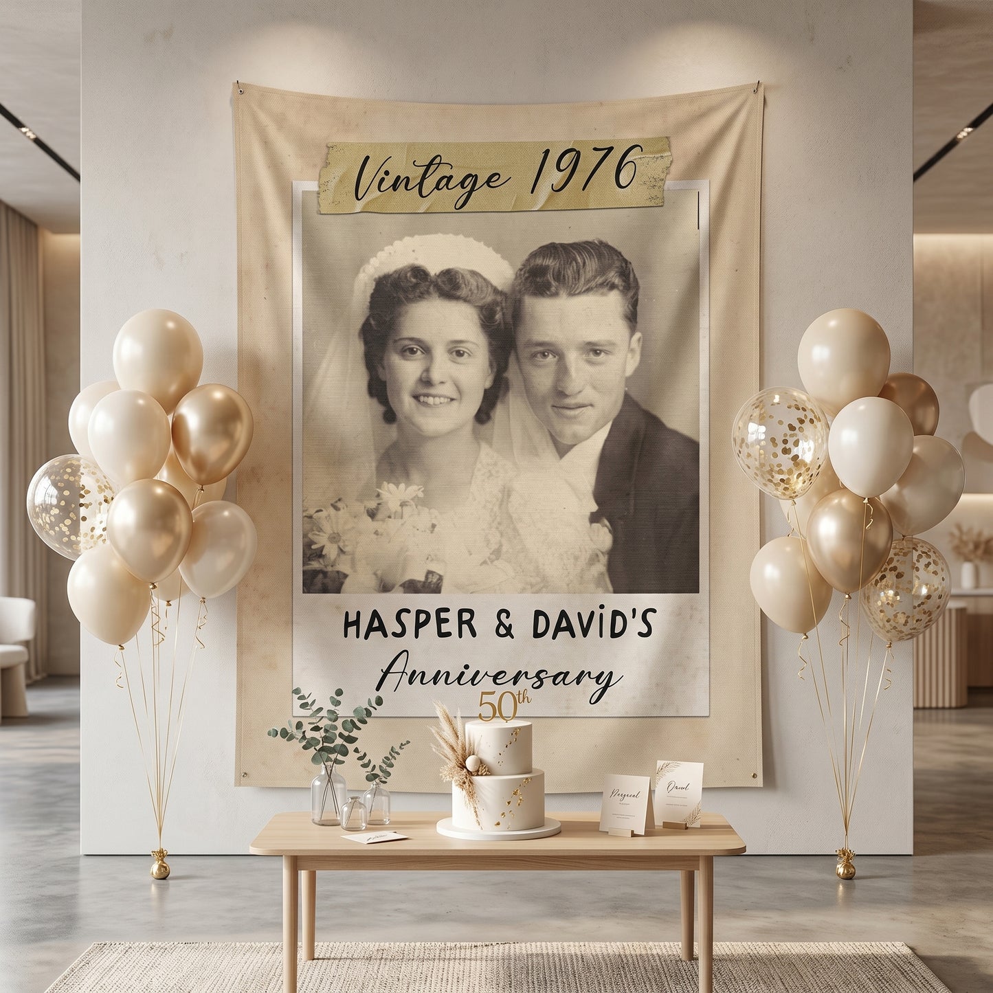 Personalized Linen Welcome Sign With Photo, 10th 20th 30th 50th Anniversary Photo Banner, Golden Celebration