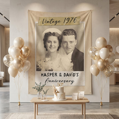 Personalized Linen Welcome Sign With Photo, 10th 20th 30th 50th Anniversary Photo Banner, Golden Celebration