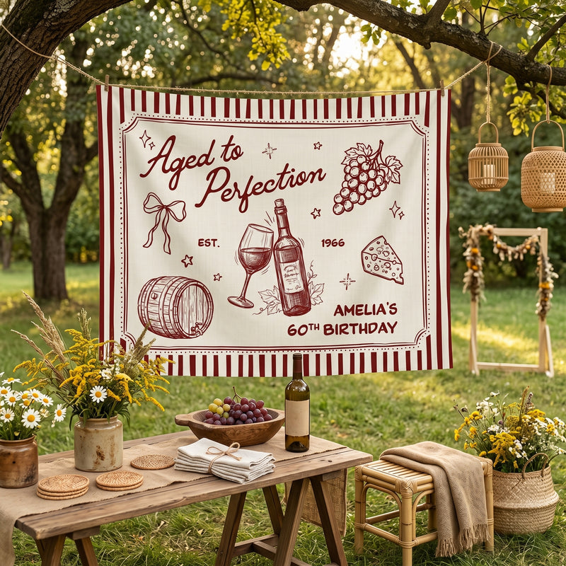 Custom Aged to Perfection Backdrop for Birthday Party Welcome Sign, 20th 30th 40th 50th 60th Birthday Banner Wine Decor