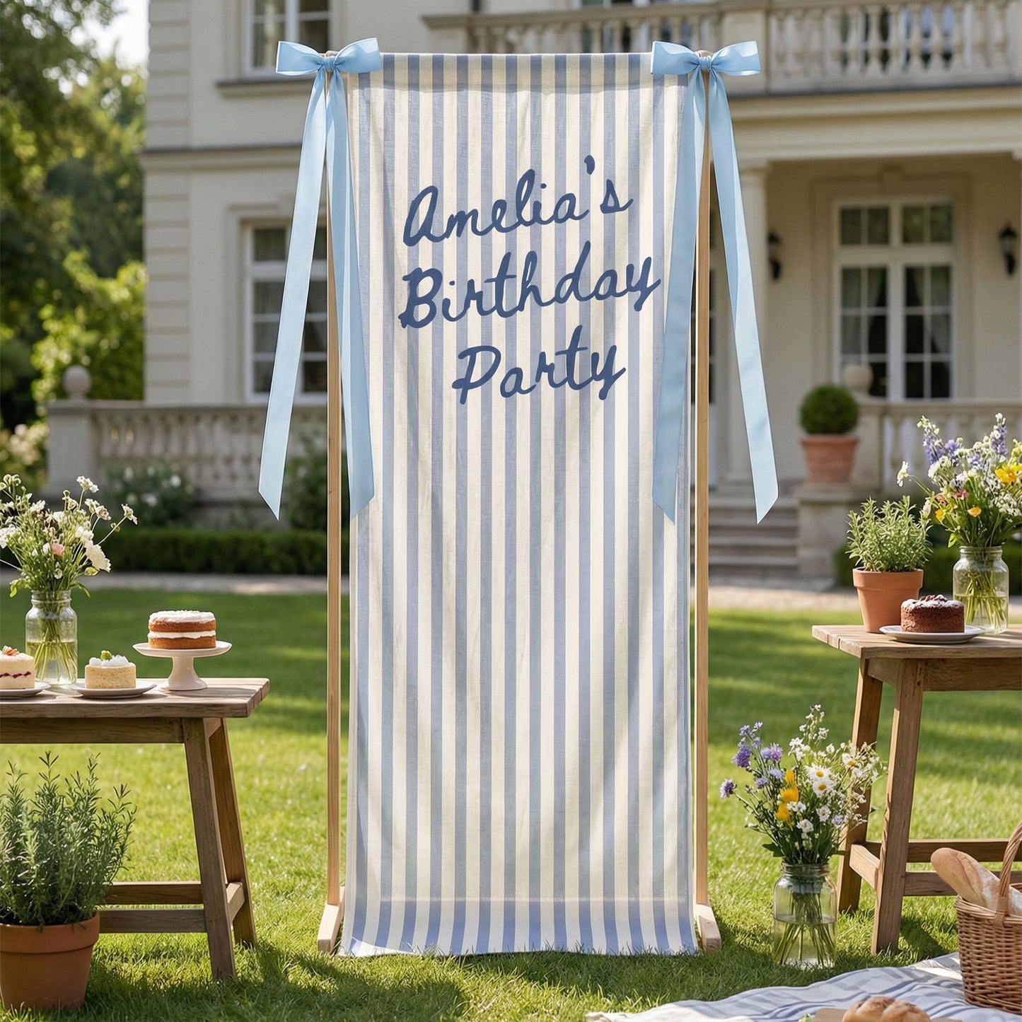 Striped Cotton Linen Birthday Banner, Custom Name Party Backdrop, Striped Fabric Hanging Decor