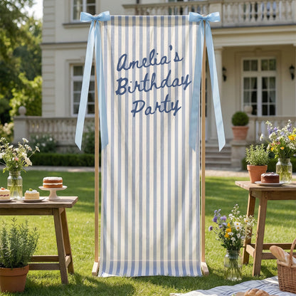 Striped Cotton Linen Birthday Banner, Custom Name Party Backdrop, Striped Fabric Hanging Decor