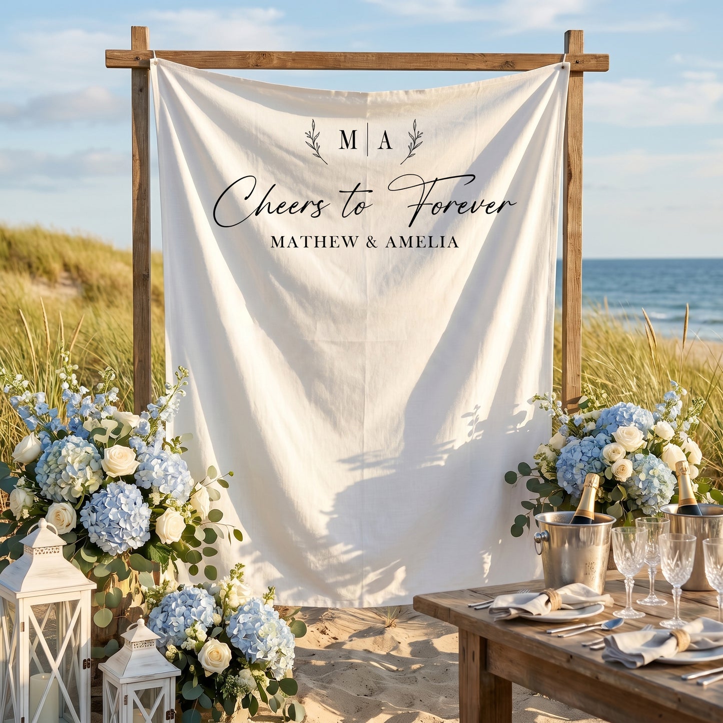 Personalized Wedding Photo Backdrop, Cheers to Forever, Engagement Party Decor