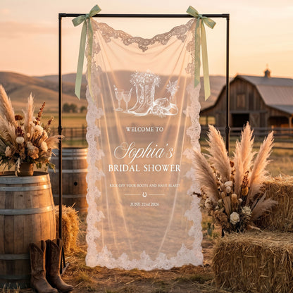 Custom Lace Welcome Sign, Clear Sheer Wedding Signage, Fabric Ceremony Reception Signage Banner, Romantic Sheer Lace Wedding Banner