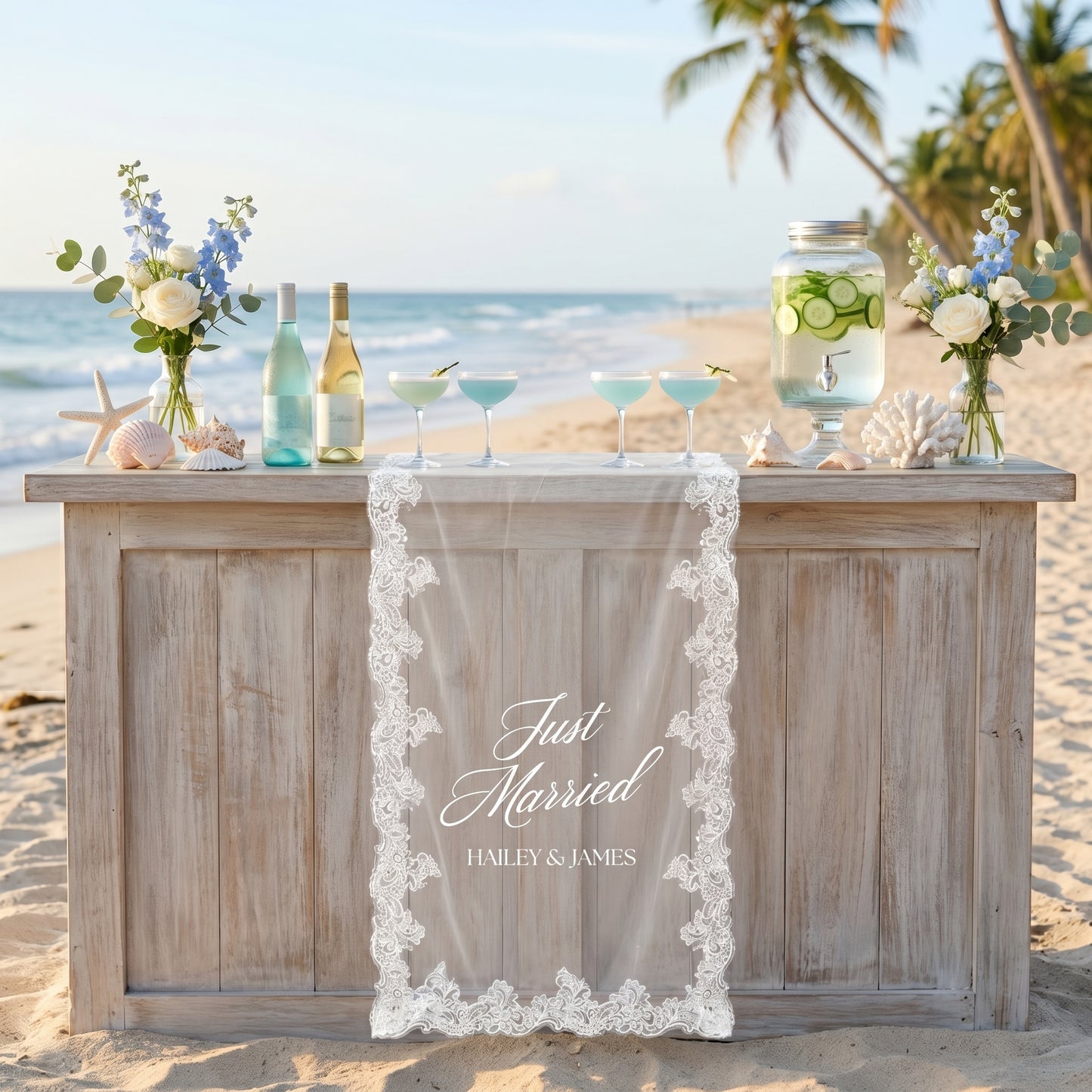 Custom Lace Sheer Wedding Banner, Just Married Lace Wedding Welcome Sign, Engagement Party Sign (Copy)