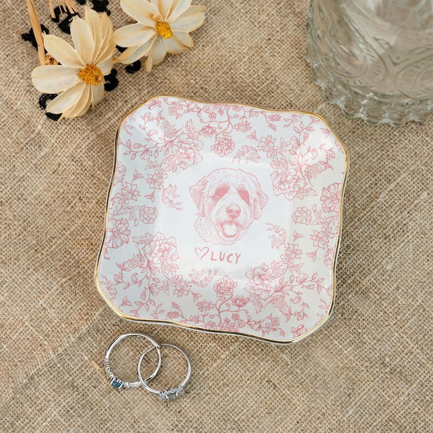 Custom Pet Jewelry Dish, Dog Cat Portrait Ring Dish, Toile De Jouy Pet Ring Dish