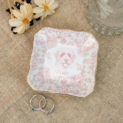 Custom Pet Jewelry Dish, Dog Cat Portrait Ring Dish, Toile De Jouy Pet Ring Dish