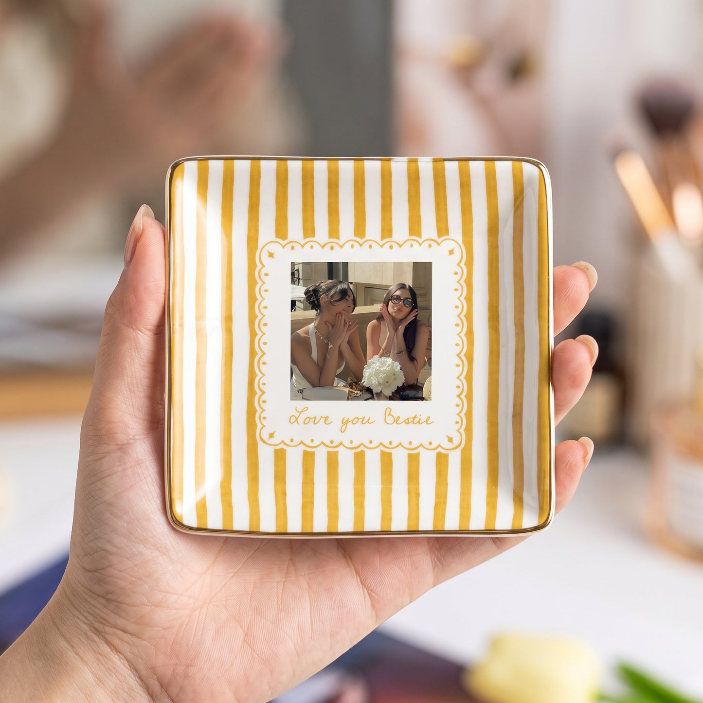 Personalised Bestie Photo Trinket Dish, Ceramic Trinket Tray for Best Friend, Jewelry Ring Dish