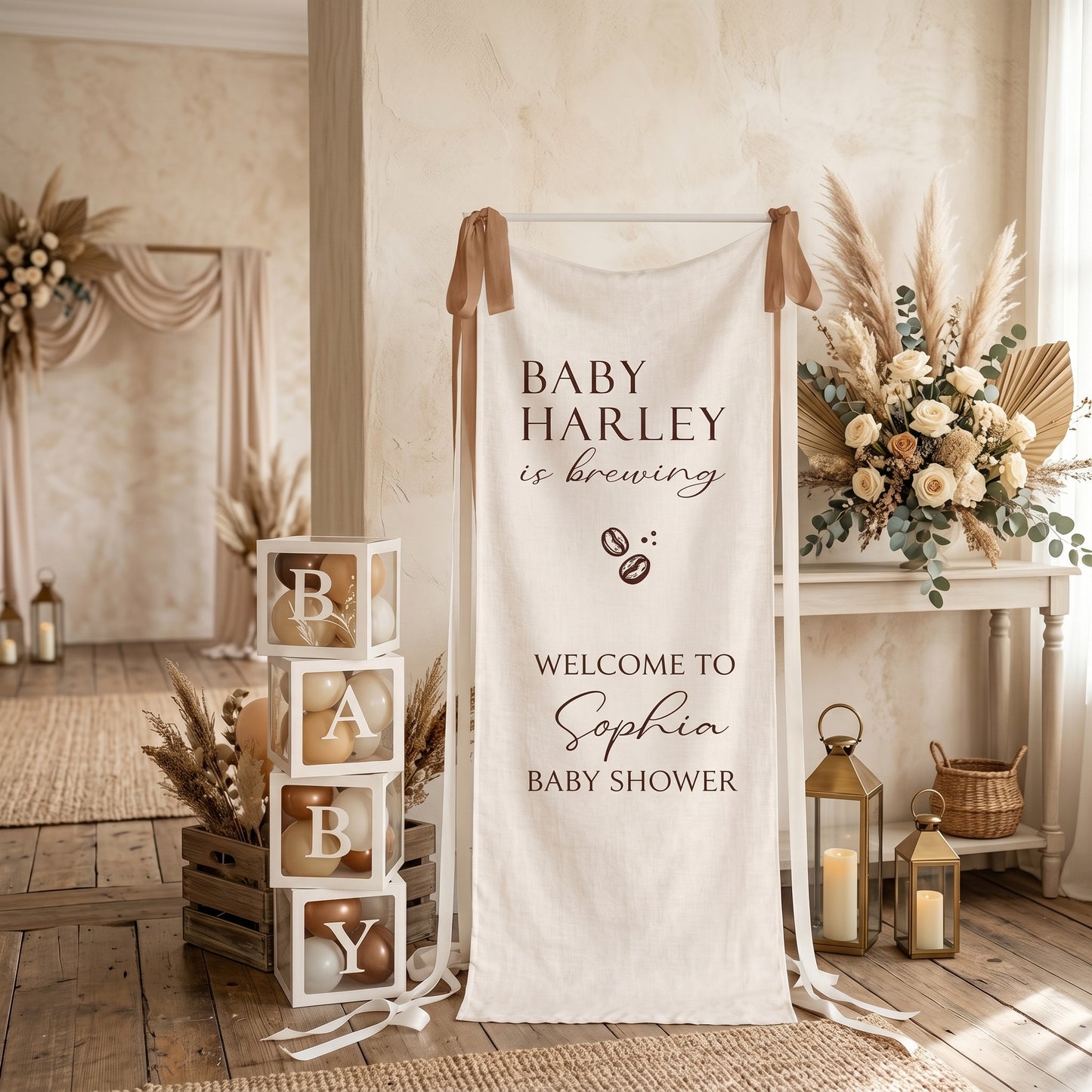 Coffee Themed Baby Shower Banner and Welcome Sign, A Baby Is Brewing, Cotton Linen Fabric Party Decor