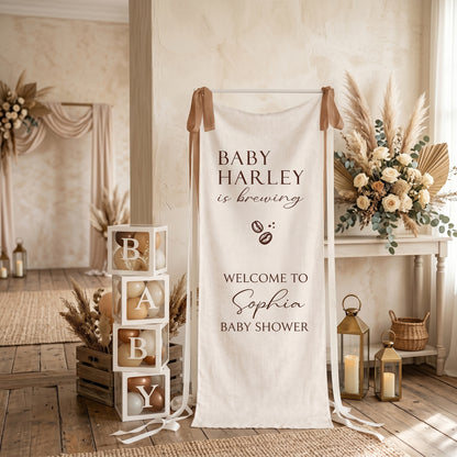 Coffee Themed Baby Shower Banner and Welcome Sign, A Baby Is Brewing, Cotton Linen Fabric Party Decor