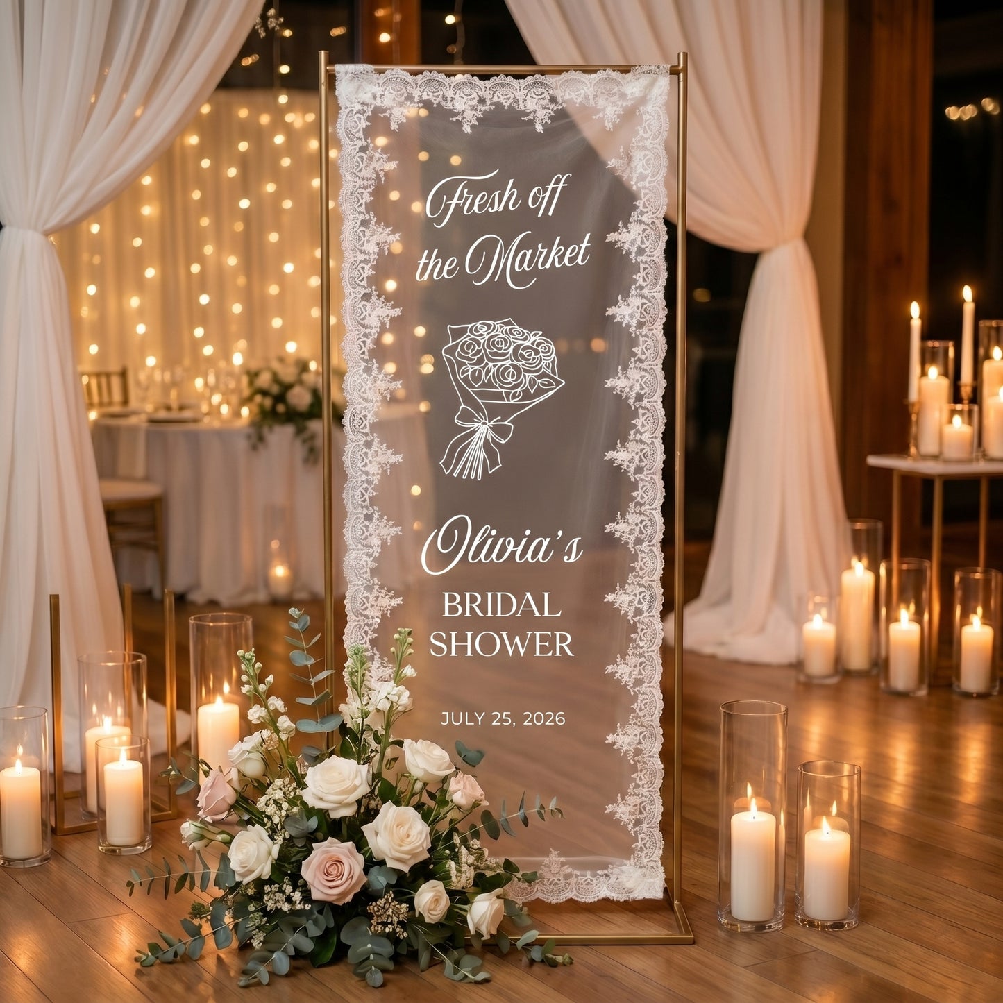 Personalized Lace Bridal Shower Welcome Sign, Sheer Tulle Banner, Wedding Party Decor