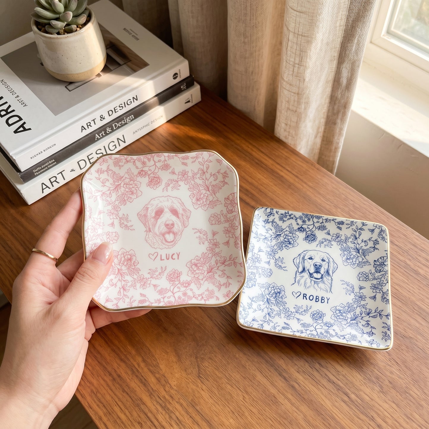 Custom Pet Jewelry Dish, Dog Cat Portrait Ring Dish, Toile De Jouy Pet Ring Dish