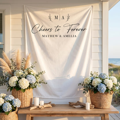 Personalized Wedding Photo Backdrop, Cheers to Forever, Engagement Party Decor