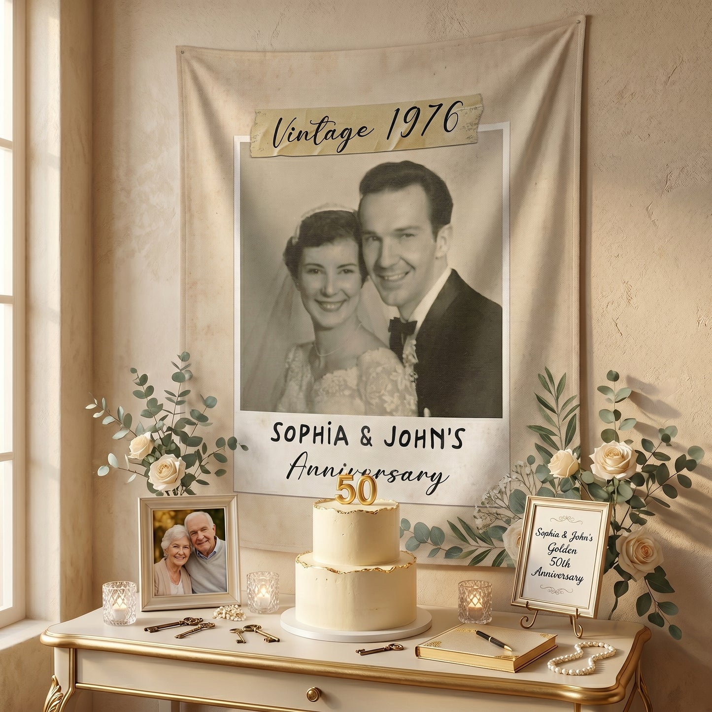 Personalized Linen Welcome Sign With Photo, 10th 20th 30th 50th Anniversary Photo Banner, Golden Celebration