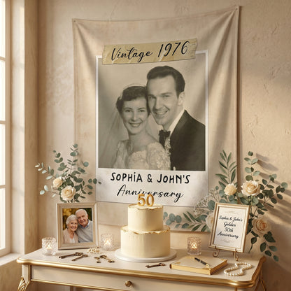 Personalized Linen Welcome Sign With Photo, 10th 20th 30th 50th Anniversary Photo Banner, Golden Celebration
