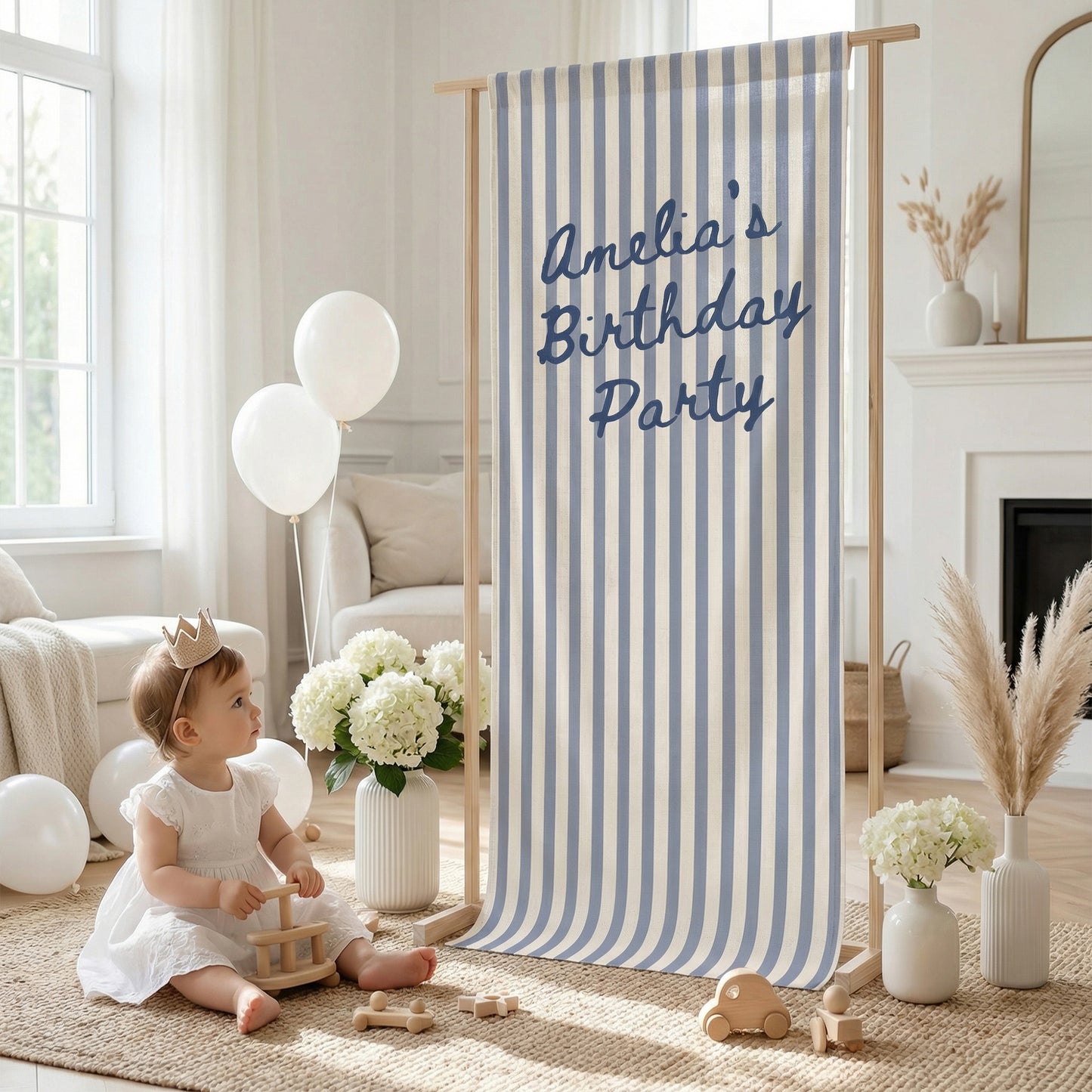 Striped Cotton Linen Birthday Banner, Custom Name Party Backdrop, Striped Fabric Hanging Decor