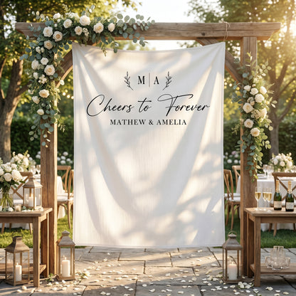 Personalized Wedding Photo Backdrop, Cheers to Forever, Engagement Party Decor
