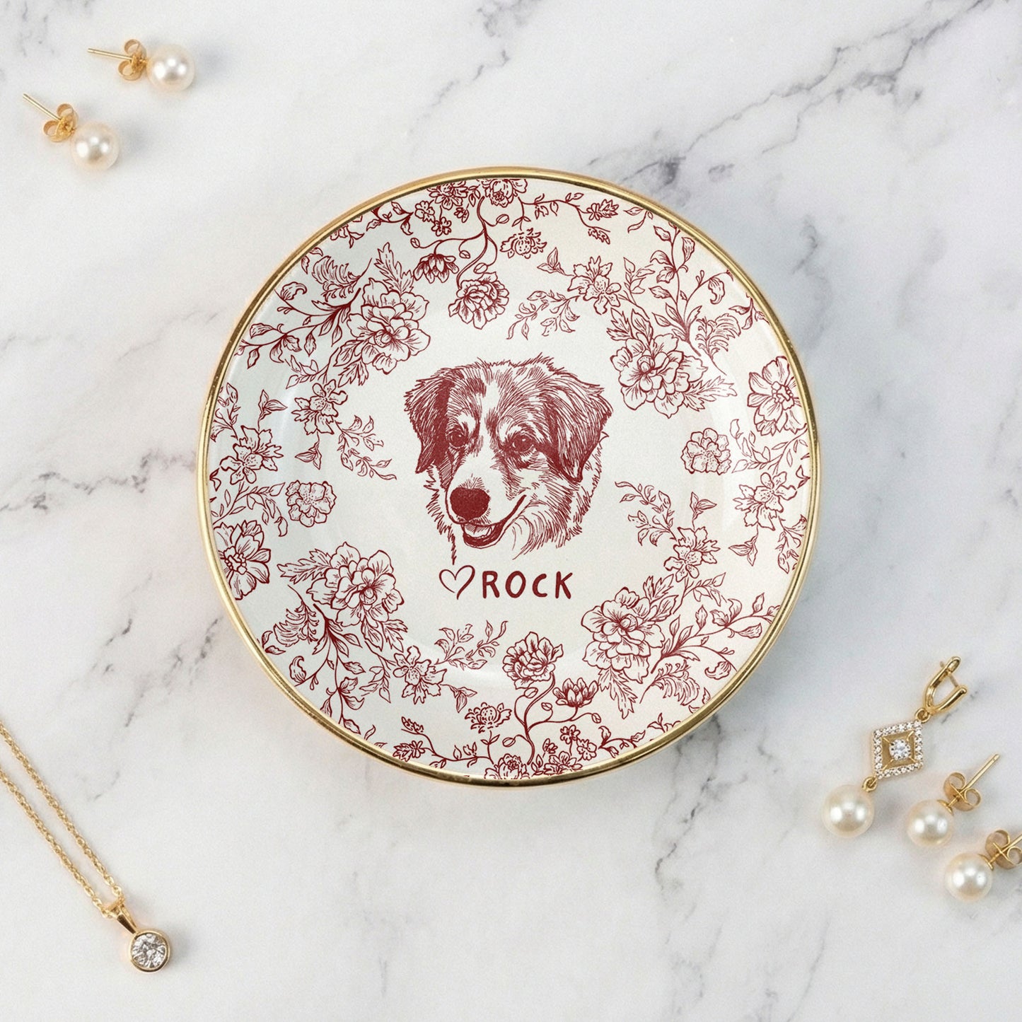 Custom Pet Jewelry Dish, Dog Cat Portrait Ring Dish, Toile De Jouy Pet Ring Dish
