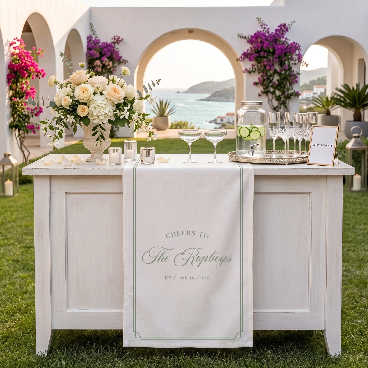 Personalized Wedding Table Runner, Custom Name Linen Bar Decor, Bridal Shower Tea Party Reception Decor