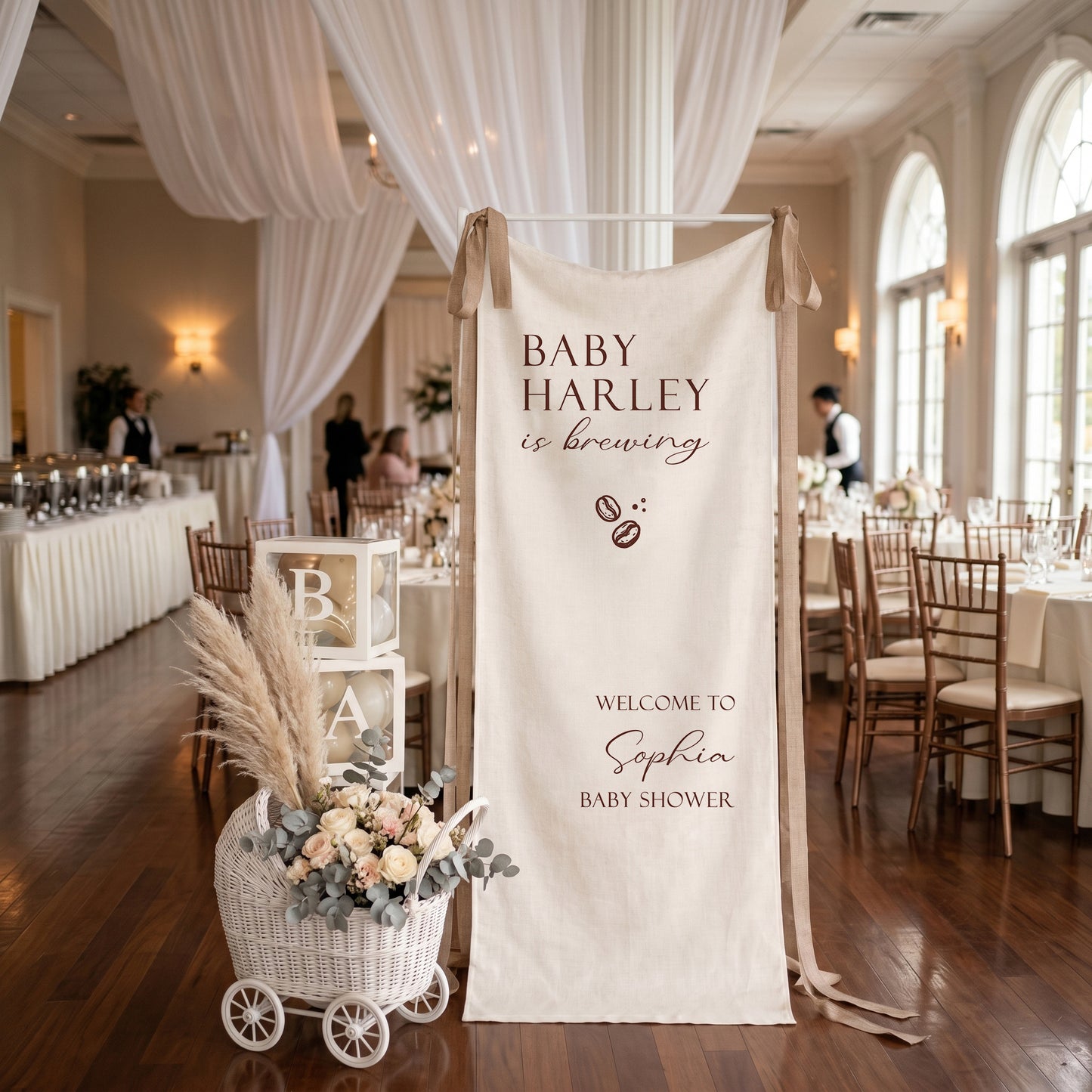 Coffee Themed Baby Shower Banner and Welcome Sign, A Baby Is Brewing, Cotton Linen Fabric Party Decor