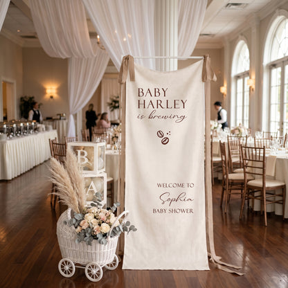 Coffee Themed Baby Shower Banner and Welcome Sign, A Baby Is Brewing, Cotton Linen Fabric Party Decor